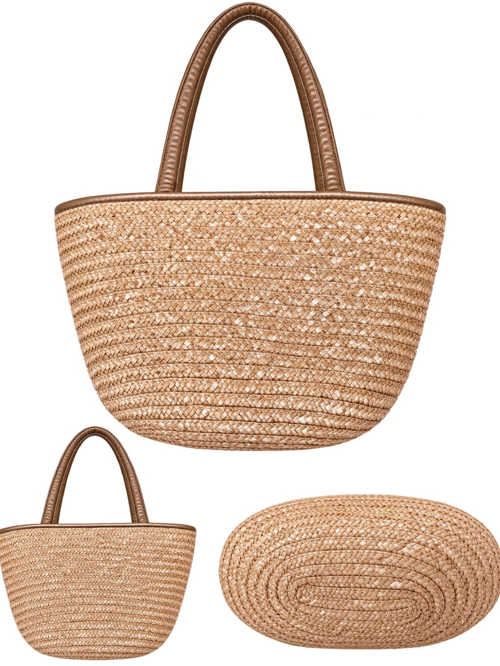 Woven Straw Tote Handbag Brown Handles Coastal Summer Boho Bag